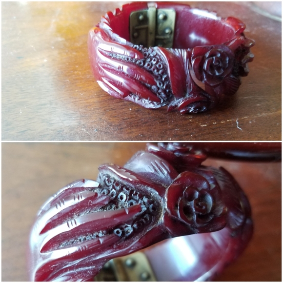 DEEP RED genuine bakelite CLAMPER hands & roses - Picture 5 of 8